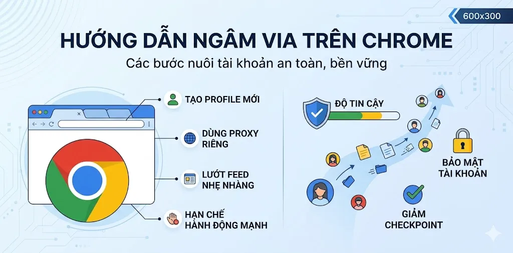 Hình ảnh minh họa quá trình tạo và quản lý nhiều Profile trên trình duyệt Chrome Portable để ngâm tài khoản Facebook an toàn