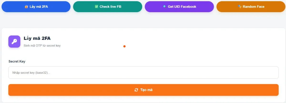 Bộ công cụ miễn phí tại acc2fa.vn gồm: Lấy mã 2FA, Check Live Facebook, Get UID Facebook và Random Face — hỗ trợ quản lý via fb chuyên nghiệp